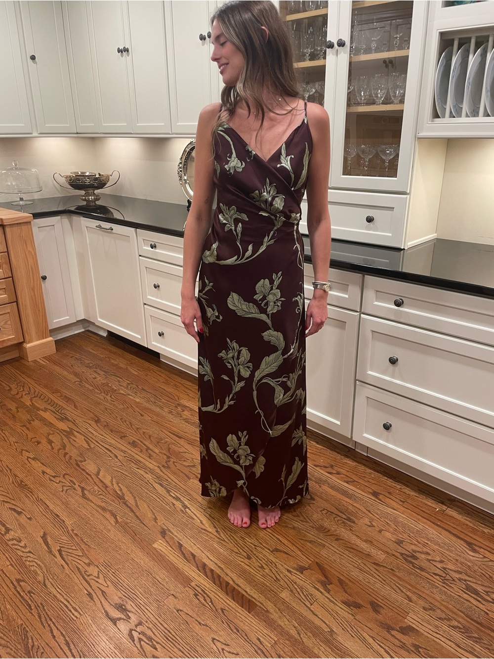Johanna Ortiz Women's Burgundy Floral Slip Dress - Elegant V-Neck Wrap